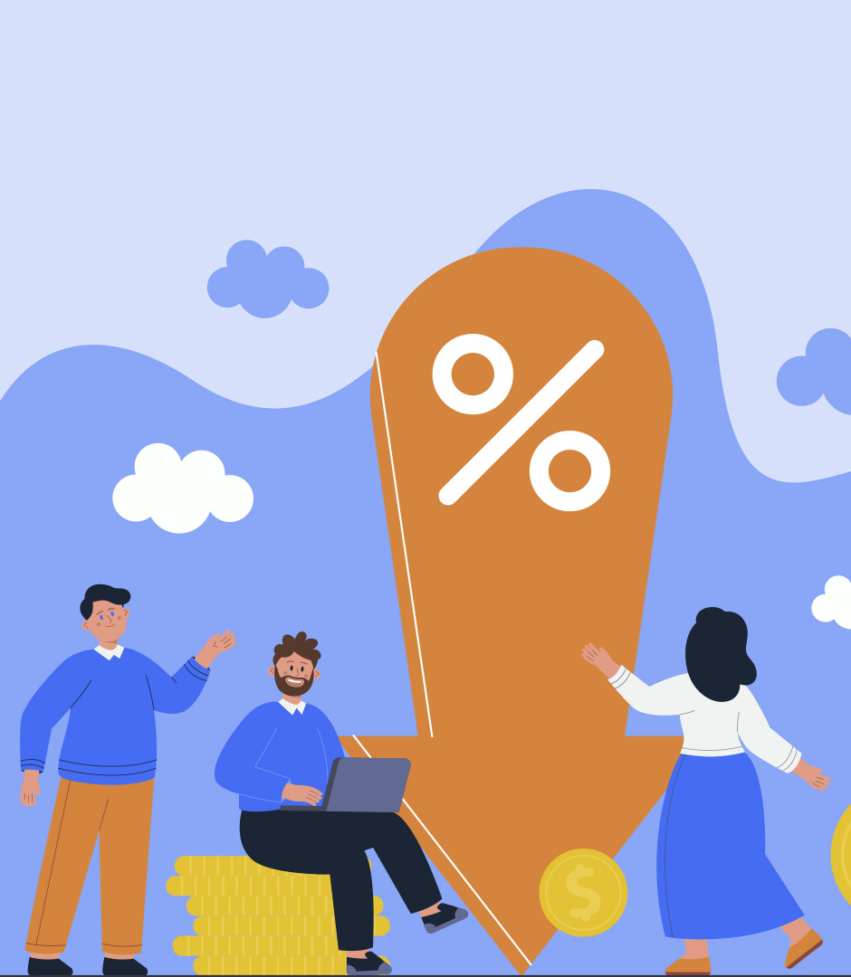 Ilustração de uma grande porcentagem ao fundo com pessoas ao redor, símbolos de dinheiro e uma nuvem azul, representando descontos e oportunidades de compra.