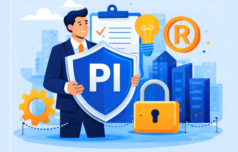 Ilustração de um homem de terno segurando um escudo azul com a sigla PI, cercado por símbolos de propriedade intelectual como uma lâmpada, um cadeado e a marca registrada R.