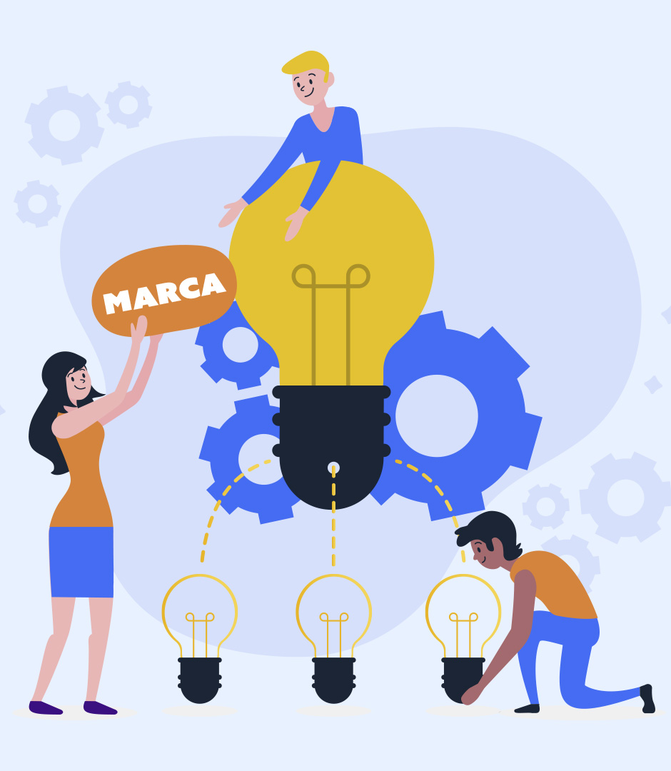 Ilustração de pessoas trabalhando juntas para gerar ideias inovadoras com a palavra 'MARCA' destaque na imagem, simbolizando criatividade e inovação.