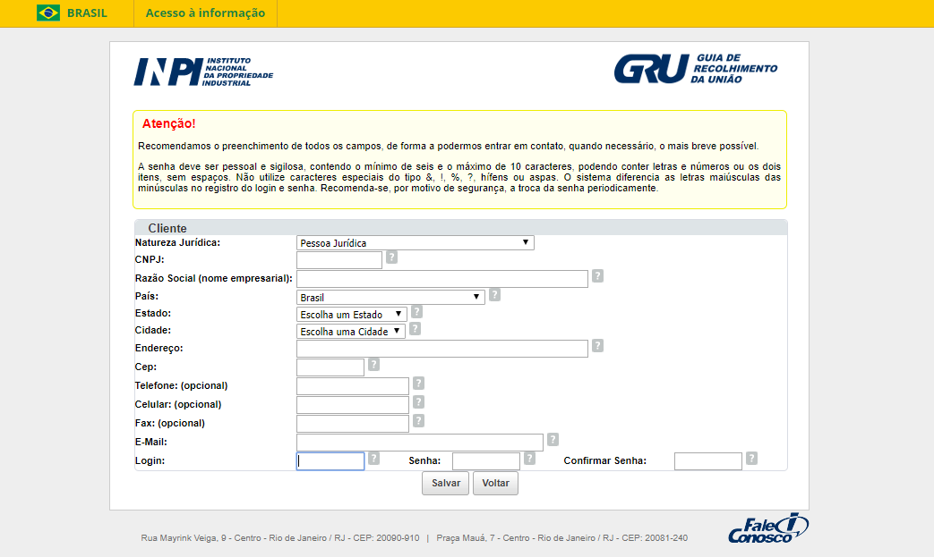 cadastro no site do INPI registro de marca