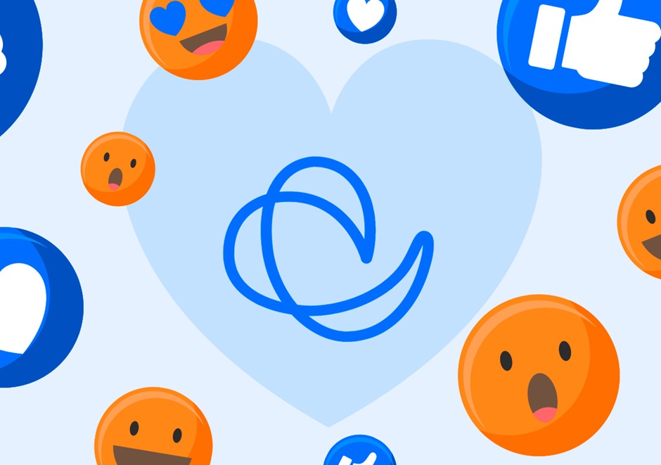 Ilustração com logotipo da consolide envolto por coração lilás, ao redor do coração alguns emojis de redes sociais