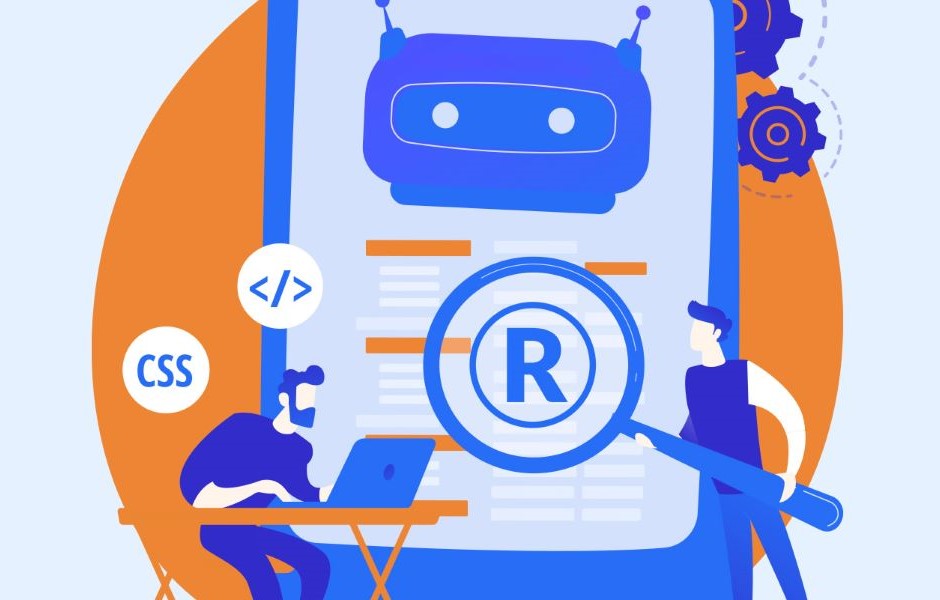 Ilustração sobre direitos autorais de robôs e tecnologia, com elementos de código e programação, representando proteção de conteúdo digital e inovação tecnológica.