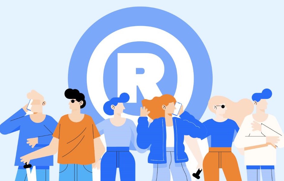 Imagem de pessoas interagindo com o símbolo de marca registrada (®), representando proteção de marca, com diversas configurações de roupas e cores, em um cenário moderno.