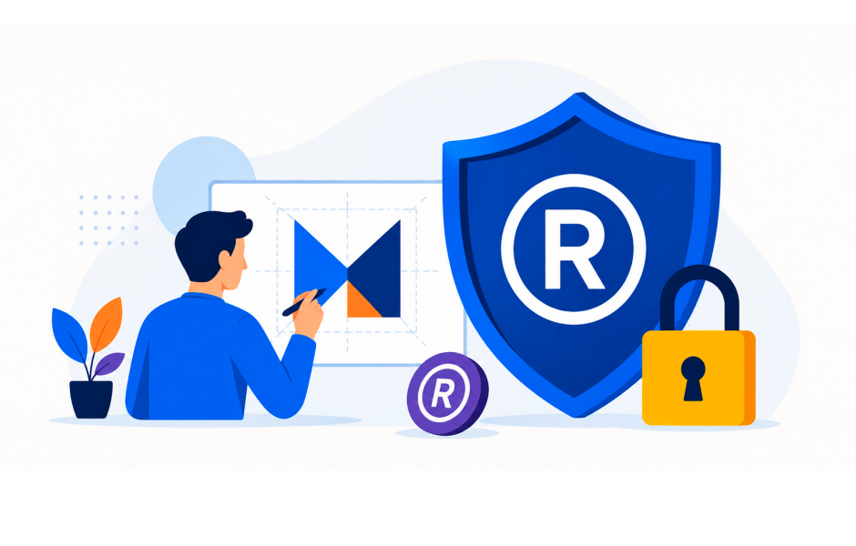 Ilustração vetorial de um designer criando um logotipo ao lado de um grande escudo azul com o símbolo de marca registrada (R).
