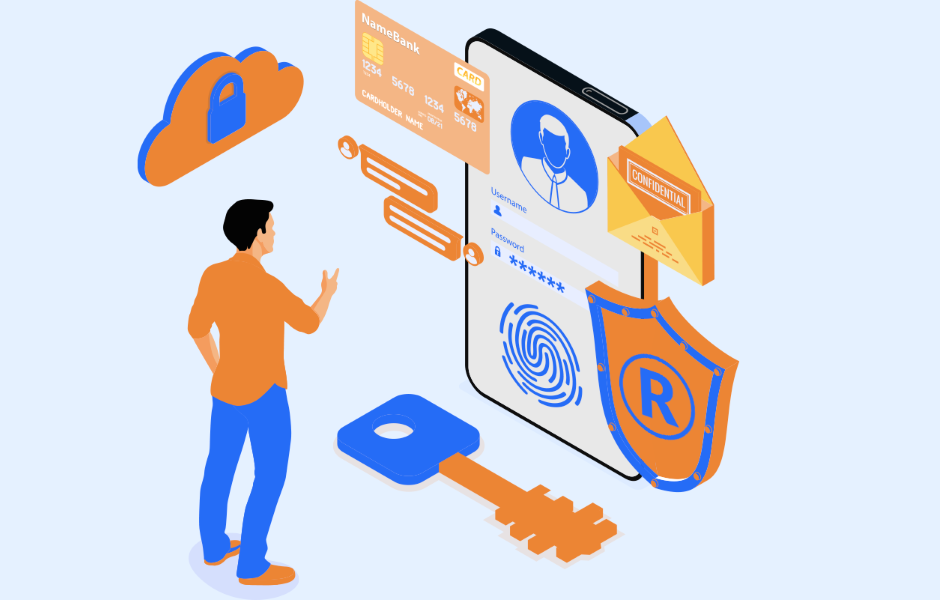 Imagem ilustrativa sobre segurança digital, autenticação por impressão digital, proteção de conta online, uso de nuvem para armazenamento seguro e proteção de dados pessoais.
