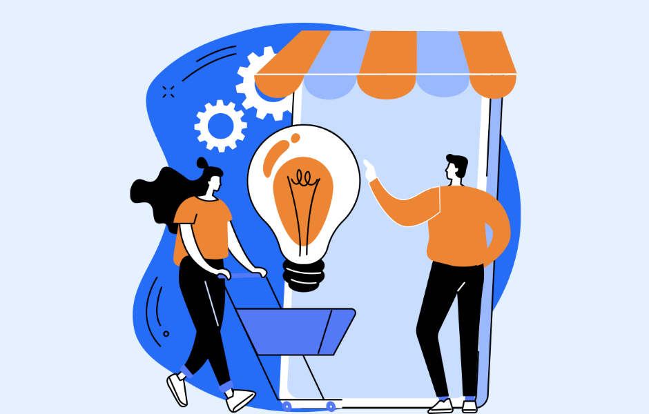 Ilustração de uma loja de aplicativos com uma lâmpada que simboliza ideias inovadoras, destacando a criatividade e desenvolvimento de aplicativos móveis.