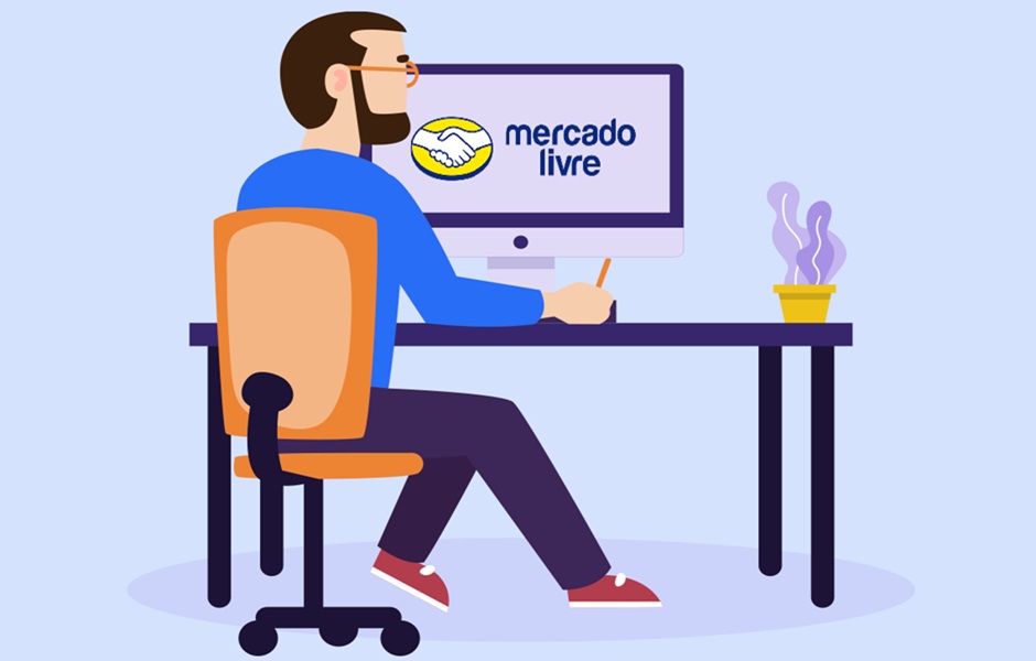 Ilustração exclusiva da Consolide mostrando homem sentado em mesa com uma tela de computador na homepage do Mercado Livre