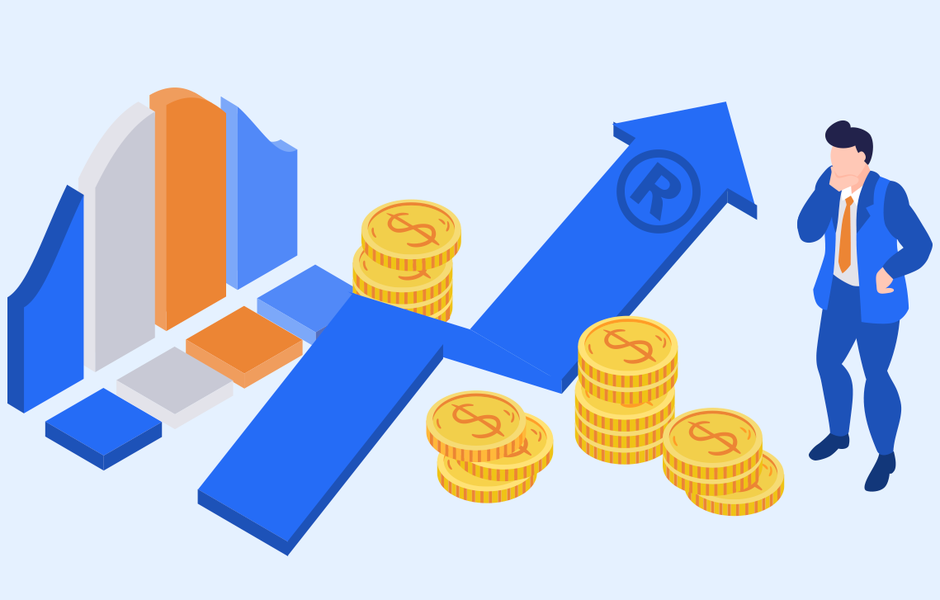 Ilustração sobre aumento de receitas, com gráficos em ascensão e moedas empilhadas, representando crescimento financeiro e investimentos.
