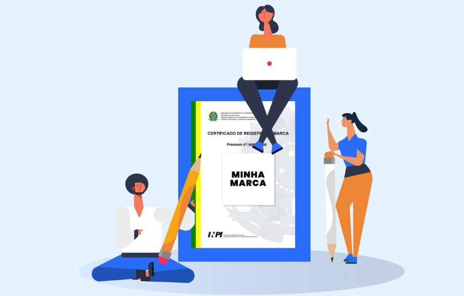 Ilustração de três pessoas envolvidas na criação e registro de uma marca, destacando o certificado de marca e o conceito de branding.