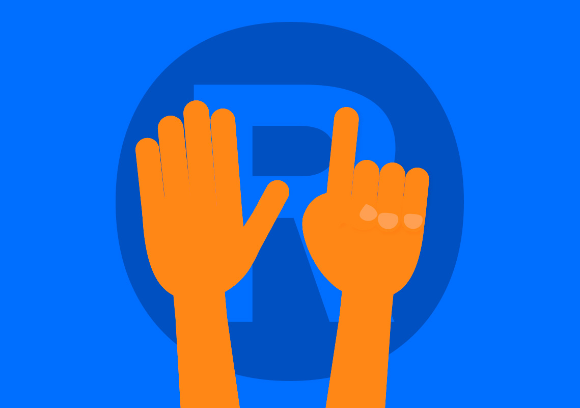 Figura de duas mãos representando o número 6 com os dedos levantados e o símbolo de registro de marca atrás