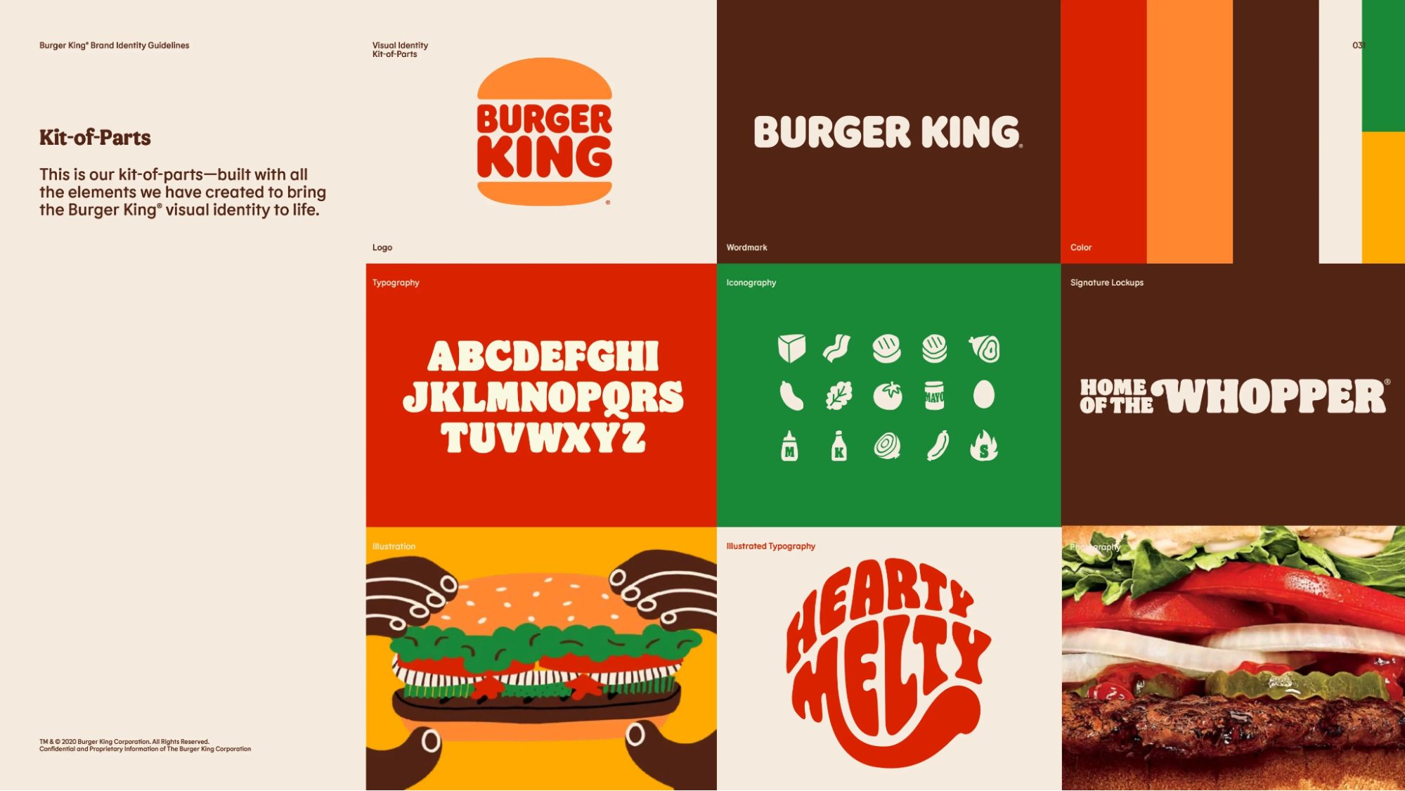 Manual de identidade visual da Burger King, destacando elementos essenciais como logotipo, paleta de cores, tipografia, ícones e ilustração de um hambúrguer, que reforçam a marca Burger King e sua personalidade visual. Ideal para quem busca entender os componentes da identidade da marca.