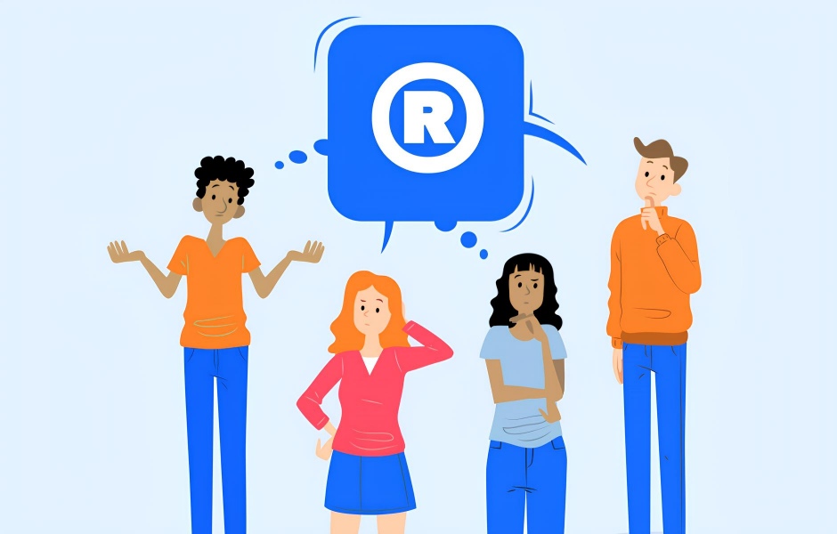 Ilustração de quatro pessoas com expressões de dúvida olhando para um balão de pensamento azul contendo o símbolo de marca registrada
