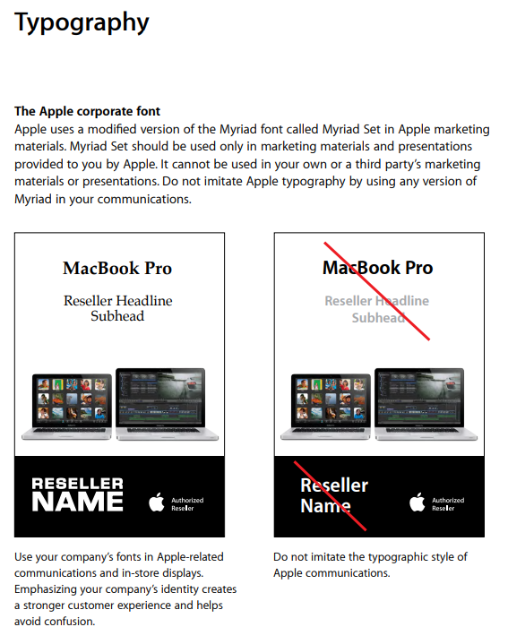 Dicas de tipografia da Apple destacando o uso correto do Myriad Set na comunicação de marca, com exemplos de fontes corretas e incorretas em materiais promocionais.
