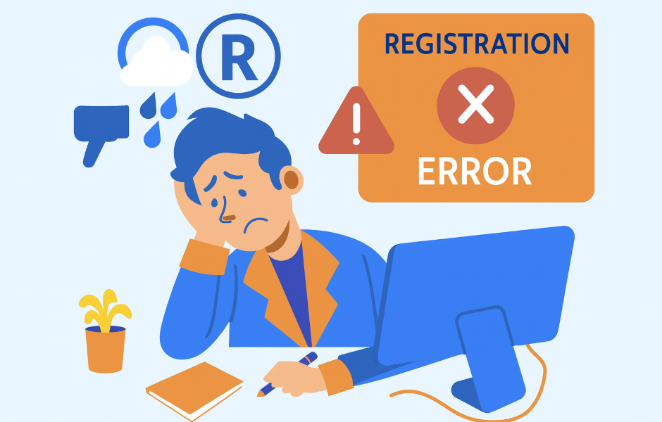 Homem frustrado com erro de registro ao usar computador, simbolizando dificuldades técnicas e problemas com sistema de registro e autenticação digital.