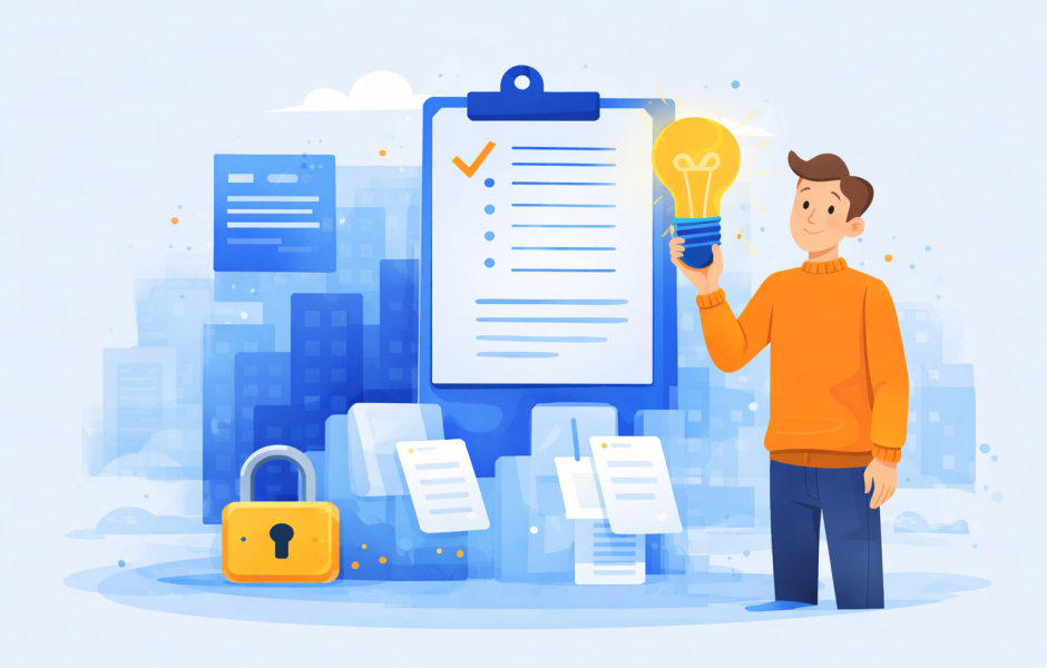Ilustração de inovação e proteção de dados: checklist, documentos e cadeado.