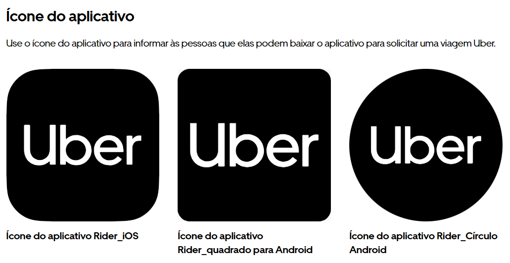 Imagem mostrando vários exemplos do ícone do aplicativo Uber, incluindo versões para iOS, Android quadrado e círculo, essenciais para identificar o aplicativo de transporte.