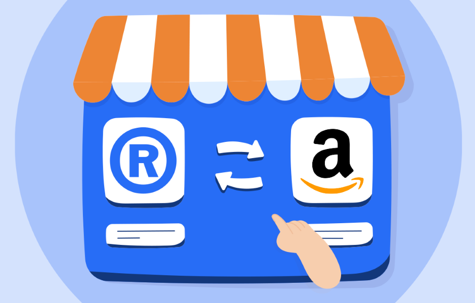 Ilustração da fachada de uma loja com o símbolo de marca registrada à direita e a logo da Amazon à esquerda. Duas setas em sentidos opostos ligam os ícones, simbolizando a conexão entre o registro de marca e a abertura de uma loja na Amazon.