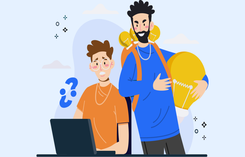 Ilustração de dois jovens estudantes discutindo ideias criativas, com um laptop, uma lâmpada que simboliza inovação e criatividade, ideal para aprender sobre criatividade e inovação.