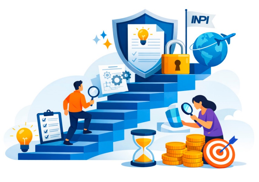 Ilustração plana de pessoas subindo uma escada azul em direção a um escudo de proteção e à bandeira do INPI, simbolizando as etapas para patentear um produto.