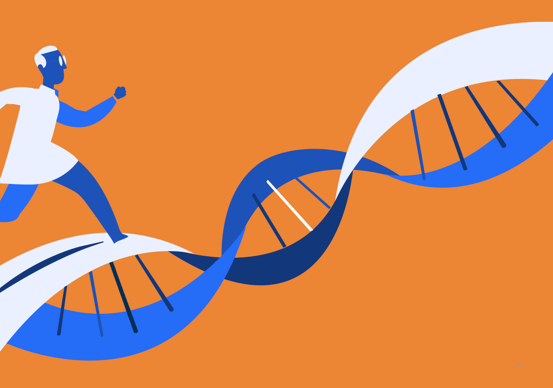 Fita de DNA ilustrativa atravessando o espaço da imagem com uma silhueta de um homem correndo sobre ela