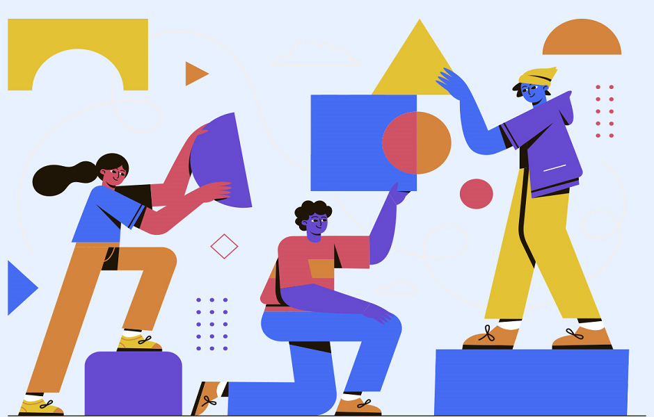 Ilustração moderna de pessoas interagindo e colaborando em um ambiente criativo, com uso de formas geométricas e cores vibrantes, representando trabalho em equipe e inovação.