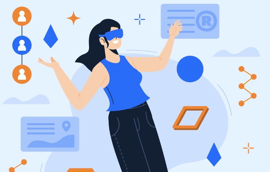 Ilustração de uma mulher com óculos de realidade virtual, interagindo com elementos digitais e gráficos, representando inovação e tecnologia na era digital.