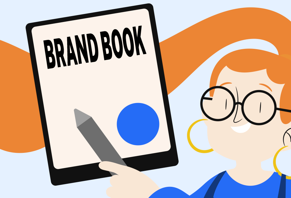 Ilustração de uma pessoa com óculos segurando um tablet com a capa do livro 'Brand Book' em destaque, representando estratégia de marca e branding.
