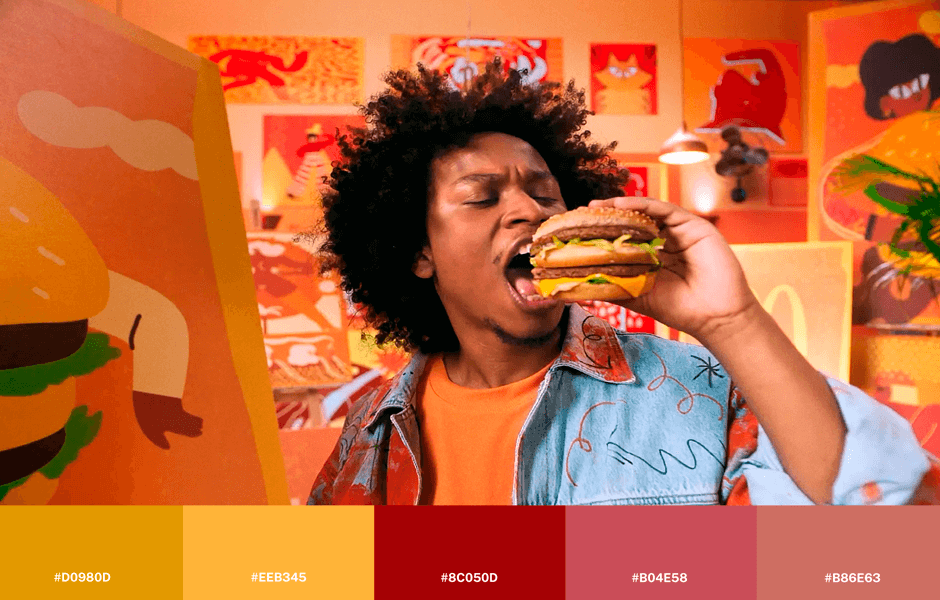 Imagem de uma publicidade do McDonald's. A paleta de cores inclui vermelho, amarelo, laranja e marrom.