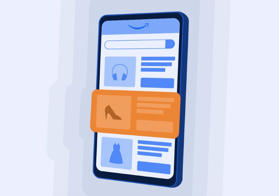 Ilustração de um celular com uma aparente página da loja virtual da amazon com alguns produtos, onde um dos produtos está destacado na tela