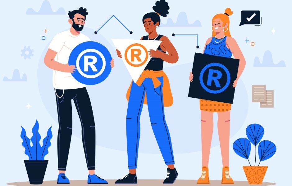 Imagem de três pessoas jovens felizes segurando símbolos de marca registrada (®), simbolizando proteção de marca e propriedade intelectual, com um fundo otimizado para SEO.