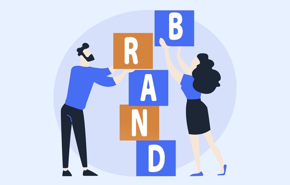 Ilustração de duas pessoas interagindo com blocos de letras que formam a palavra 'Brand', simbolizando estratégia de marca e branding para negócios.