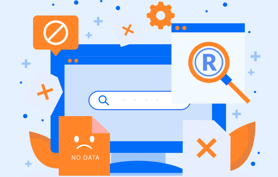 Ilustração digital representando buscas online com bloqueio de dados, buscando por informações de marcas registradas e proteção de dados na internet, destacando o conceito de busca segura e privacidade digital.