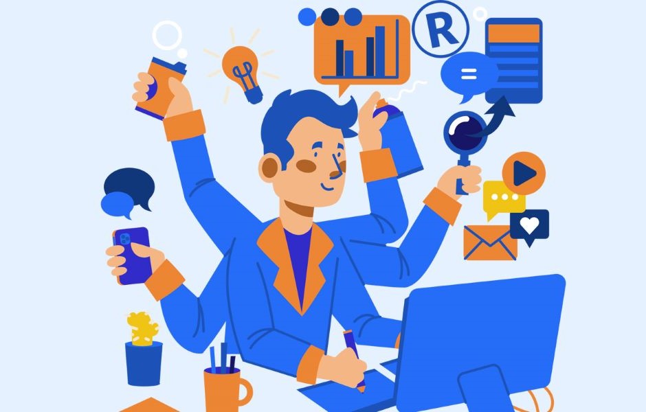 Profissional de marketing digital com múltiplas mentes criativas e ferramentas online, ilustrando estratégias de marketing digital, redes sociais, análise de dados e inovação digital. Icones de gráficos, redes sociais e tecnologia destacam a importância do marketing digital na era moderna.