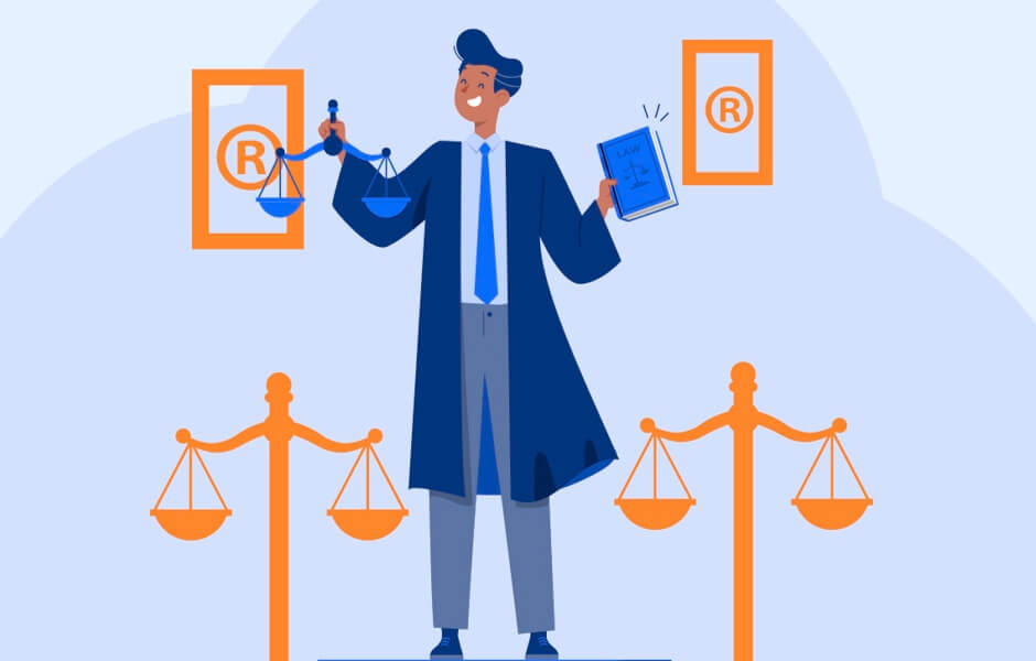 Imagem representativa de um advogado segurando uma balança e um livro, simbolizando a justiça e a proteção dos direitos autorais. Ideal para temas relacionados à legislação.