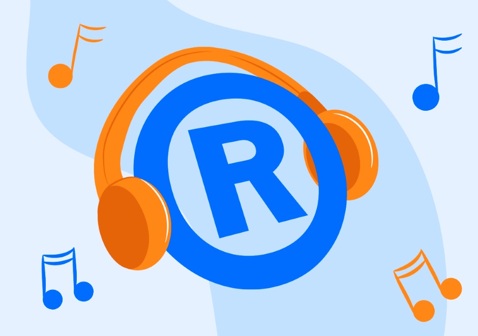 Ilustração da letra R, representando o registro de marca, escutando música com um headset. Notas musicais em fundo de imagem com cor branca