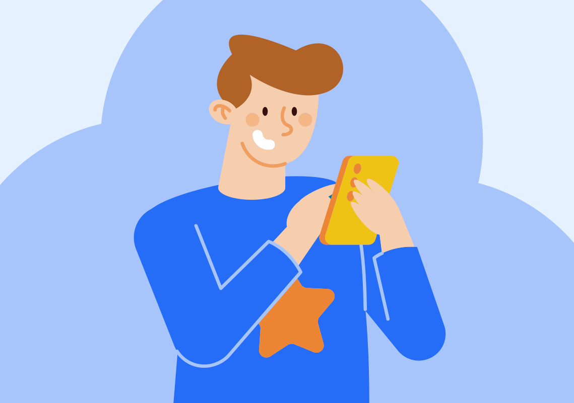 Ilustração consolide de um homem em pé e sorrindo, enquanto mexe em seu smartphone segurando-o com as duas mãos